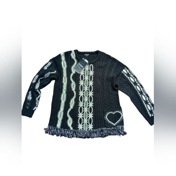 NWT Desigual Jers Brixton Wool Blend Knitted Heart Pullover Sweater Black White - Picture 3 of 15